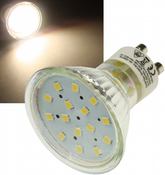 LED Strahler GU10 &quot;H10 SMD&quot; 15 SMD LEDs 3000k, 50lm, 120°, 230V/0,8W, warmweiß