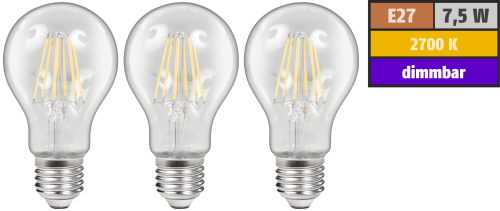 McShine LED Filament Set McShine, 3x Glühlampe, E27, 7,5W, 800lm, warmweiß, klar, dimmbar
