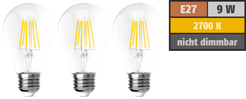 McShine LED Filament Set McShine, 3x Glühlampe, E27, 9W, 1055lm, warmweiß, klar