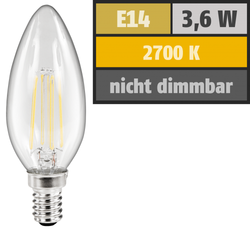 McShine LED Filament Kerzenlampe McShine &#039;&#039;Filed&#039;&#039;, E14, 3,6W, 360 lm, warmweiß, klar