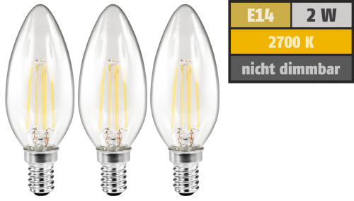 McShine LED Filament Set McShine, 3x Kerzenlampe, E14, 2W, 200lm, warmweiß, klar