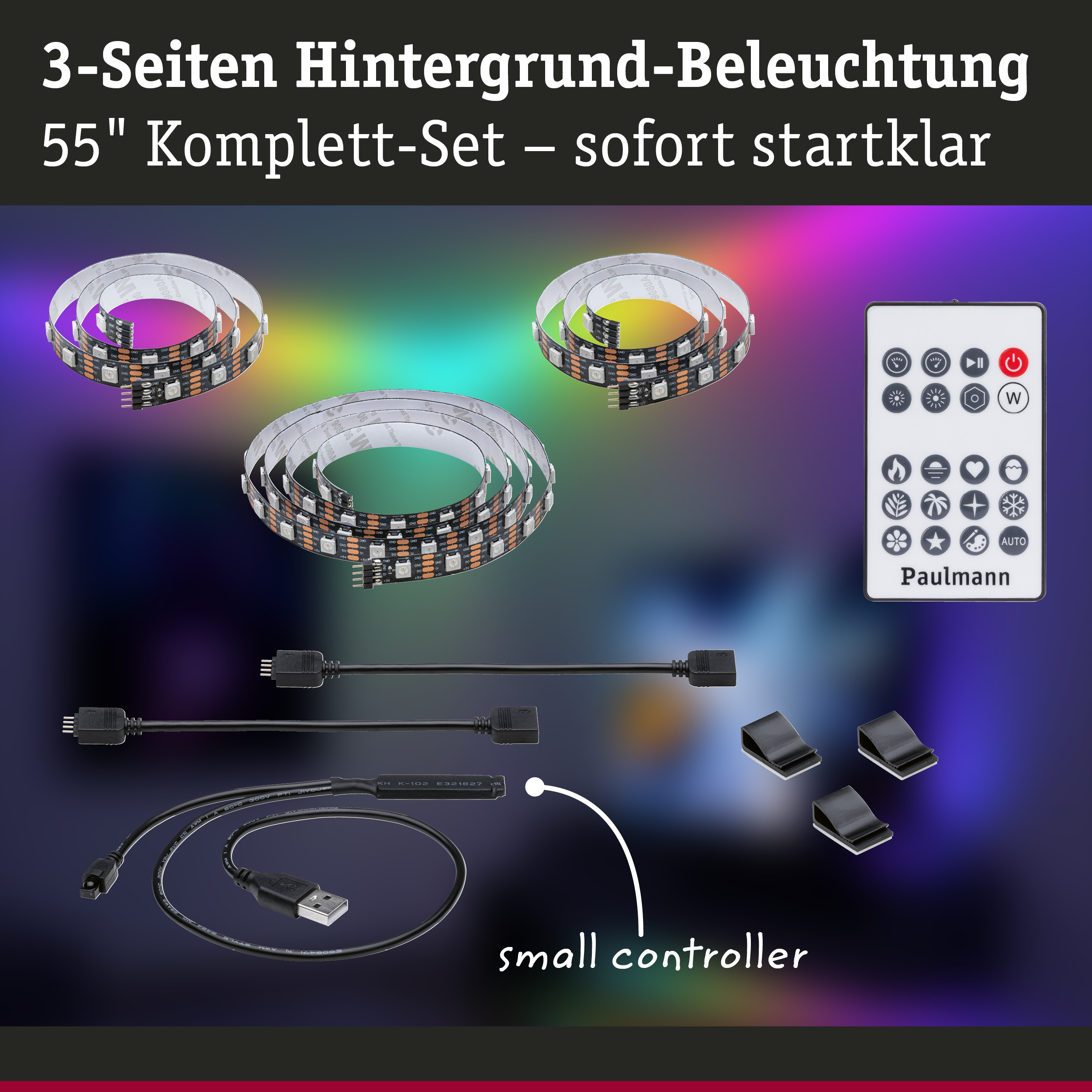 Paulmann USB LED Strip | 3,5W Lampen Kontor Sortiment Zoll | RGB+ 60LEDs/m TV-Beleuchtung 2m 55