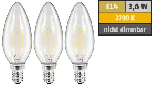 McShine LED Filament Set McShine, 3x Kerzenlampe, E14, 3,6W, 360lm, warmweiß, klar