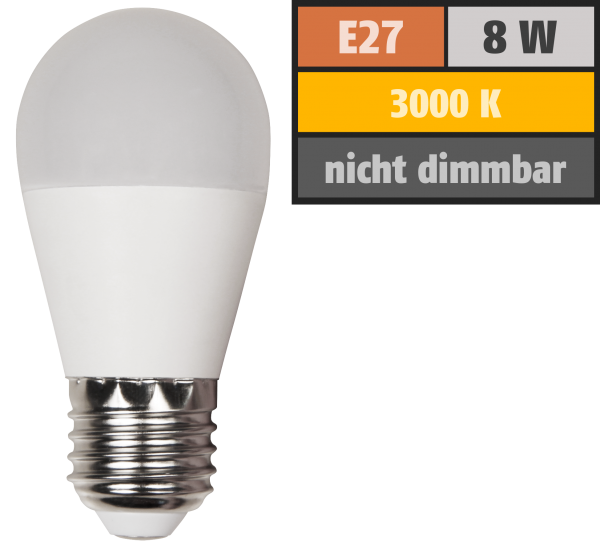 LED Tropfenlampe McShine, E27, 8W, 600lm, 160°, 3000K, warmweiß, Ø45x88mm