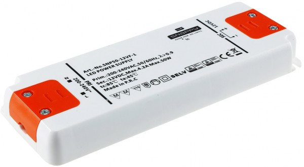 elektronischer LED-Trafo 0,5-50 Watt Ein 220-240V, Aus 12V=, Super SlimLine