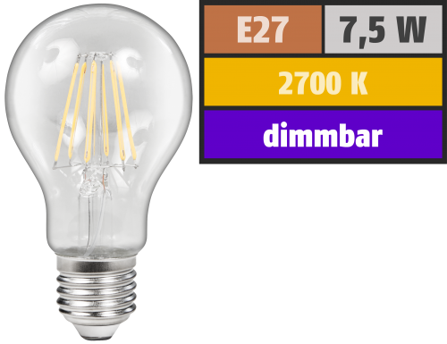 McShine LED Filament Glühlampe McShine &#039;&#039;Filed&#039;&#039;, E27, 7,5W, 800 lm, warmweiß, dimmbar, klar