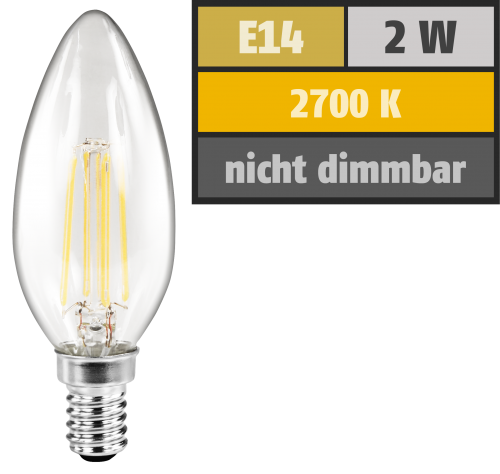 McShine LED Filament Kerzenlampe McShine &#039;&#039;Filed&#039;&#039;, E14, 2W, 200 lm, warmweiß, klar