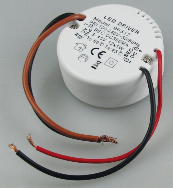 elektronischer LED-Trafo 3-45V, rund 220-240V, Ausgang konstant Strom 350mA